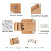 Bamboo Cheese Board with Cutlery Knife Set and Slide Out Draw - Synoptic Home Essentials