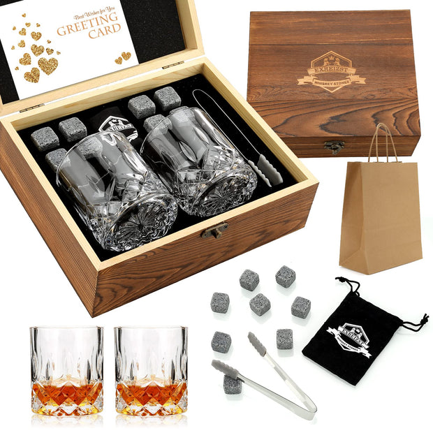 Whiskey Stones Gift Set - Whiskey Glass Set of 2 - Granite Chilling Whiskey Rocks - Scotch Bourbon Whiskey Glass Gift Box Set - Best Drinking Gifts for Men Dad Husband Birthday Party Holiday Present - Synoptic Home Essentials