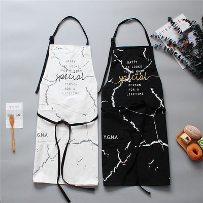 INS Nordic Cotton Apron Black White Marble Cooking Aprons for Men Women With Big Pocket Bib Overalls Kitchen Baking Accessories - Synoptic Home Essentials