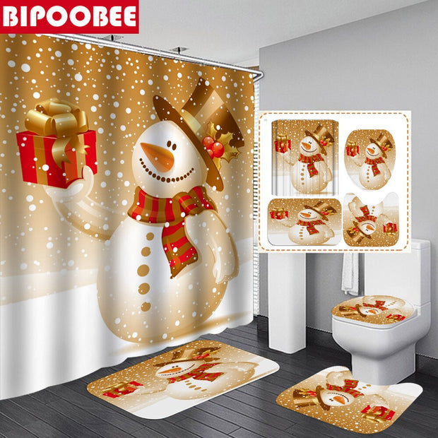 Merry Christmas Bathroom Set Snowman Santa Claus Elk Pattern Waterproof Shower Curtain Toilet Cover Mat Non Slip Rug Home Decor - Synoptic Home Essentials