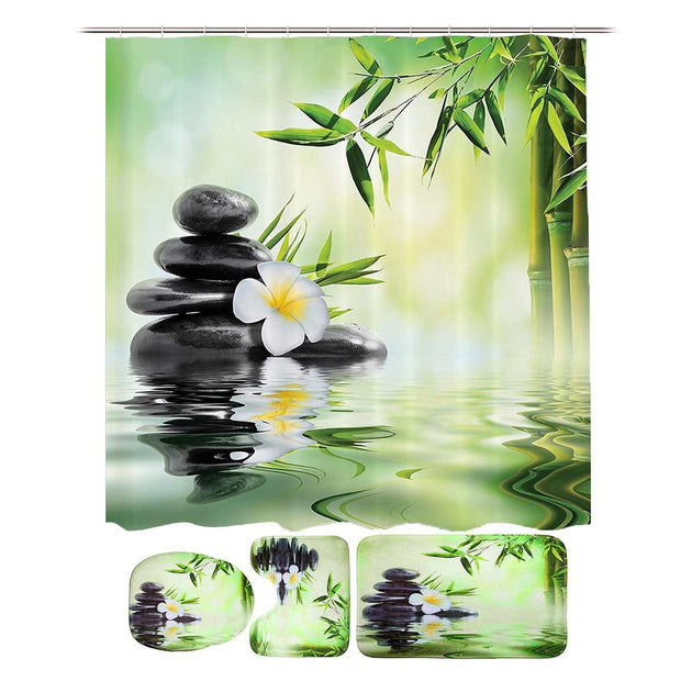 NEW Shower Curtain Bathroom Decoration 3D Bamboo Running Water Green Bamboo Shower Curtain Toilet Cover Mat Non-Slip Set - Synoptic Home Essentials