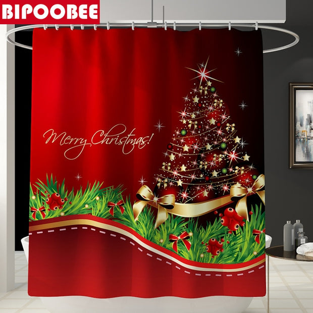 Merry Christmas Bathroom Set Snowman Santa Claus Elk Pattern Waterproof Shower Curtain Toilet Cover Mat Non Slip Rug Home Decor - Synoptic Home Essentials