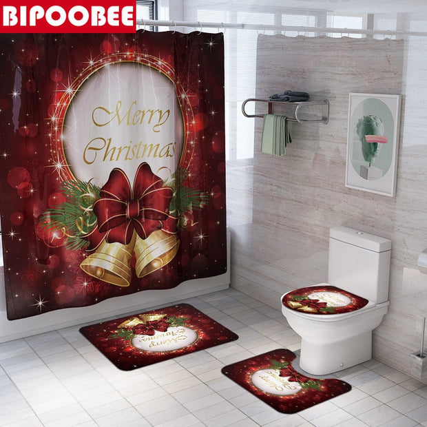 Merry Christmas Bathroom Set Snowman Santa Claus Elk Pattern Waterproof Shower Curtain Toilet Cover Mat Non Slip Rug Home Decor - Synoptic Home Essentials