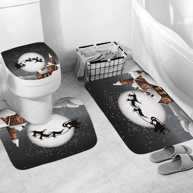 Merry Christmas Bathroom Set Snowman Santa Claus Elk Pattern Waterproof Shower Curtain Toilet Cover Mat Non Slip Rug Home Decor - Synoptic Home Essentials