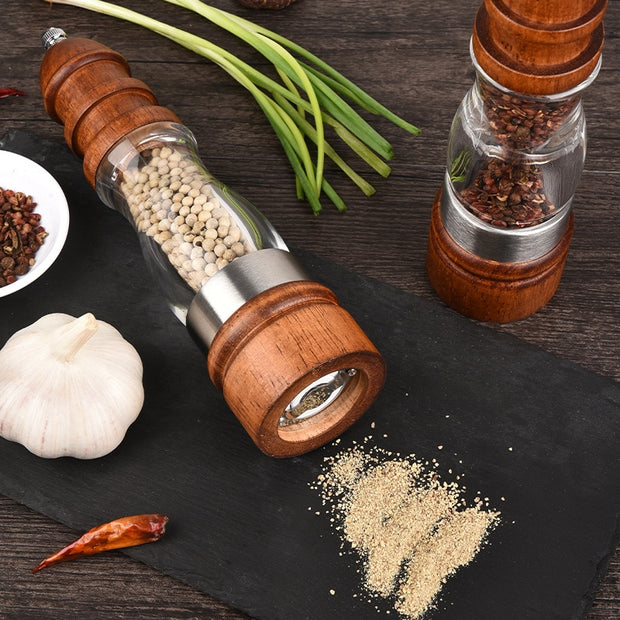 Wooden Salt and Pepper Grinder Set - Wood and Acrylic Mills, Adjustable Coarseness Ceramic Grinder - Synoptic Home Essentials