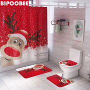 Merry Christmas Bathroom Set Snowman Santa Claus Elk Pattern Waterproof Shower Curtain Toilet Cover Mat Non Slip Rug Home Decor - Synoptic Home Essentials