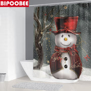 Merry Christmas Bathroom Set Snowman Santa Claus Elk Pattern Waterproof Shower Curtain Toilet Cover Mat Non Slip Rug Home Decor - Synoptic Home Essentials