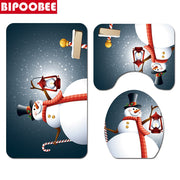 Merry Christmas Bathroom Set Snowman Santa Claus Elk Pattern Waterproof Shower Curtain Toilet Cover Mat Non Slip Rug Home Decor - Synoptic Home Essentials