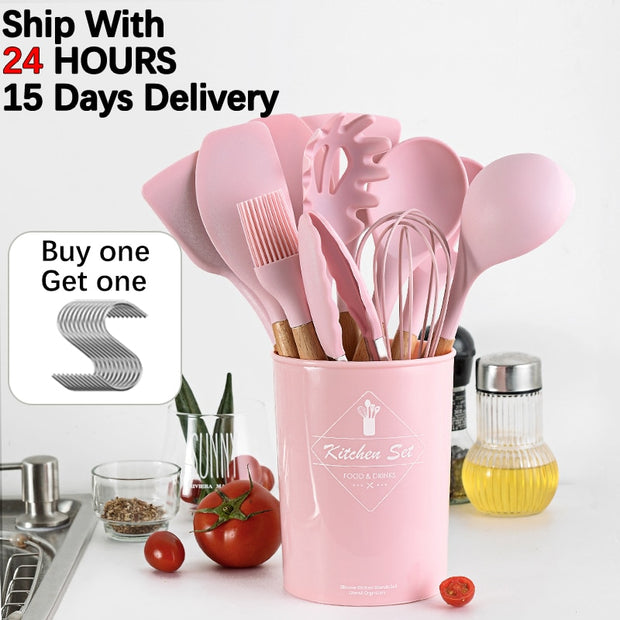 Pink Cooking Kitchenware Tool Silicone Utensils With Wooden Multifunction Handle Non-Stick Spatula Ladle Egg Beaters Shovel - Synoptic Home Essentials