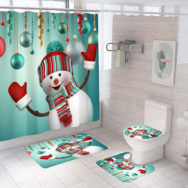 Merry Christmas Bathroom Set Snowman Santa Claus Elk Pattern Waterproof Shower Curtain Toilet Cover Mat Non Slip Rug Home Decor - Synoptic Home Essentials