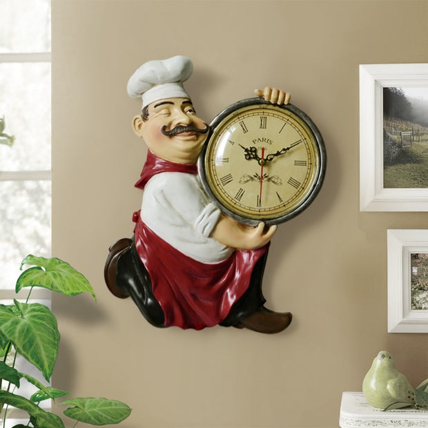 Vintage Wall Clock Home Decoration Resin Chef Statue Watch Mute Quartz Clock for Living Room Kitchen Wall Decor Hanging Clock - Synoptic Home Essentials