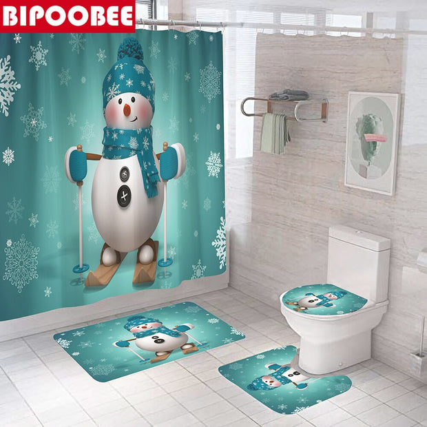 Merry Christmas Bathroom Set Snowman Santa Claus Elk Pattern Waterproof Shower Curtain Toilet Cover Mat Non Slip Rug Home Decor - Synoptic Home Essentials