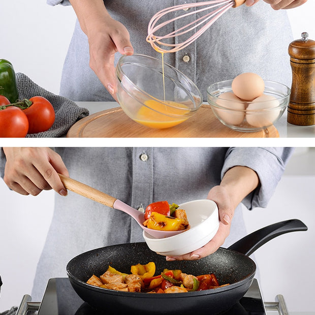 Pink Cooking Kitchenware Tool Silicone Utensils With Wooden Multifunction Handle Non-Stick Spatula Ladle Egg Beaters Shovel - Synoptic Home Essentials