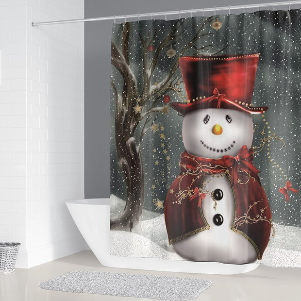 Merry Christmas Bathroom Set Snowman Santa Claus Elk Pattern Waterproof Shower Curtain Toilet Cover Mat Non Slip Rug Home Decor - Synoptic Home Essentials