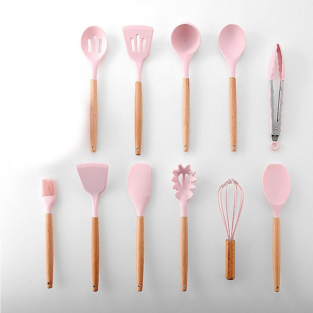 Pink Cooking Kitchenware Tool Silicone Utensils With Wooden Multifunction Handle Non-Stick Spatula Ladle Egg Beaters Shovel - Synoptic Home Essentials