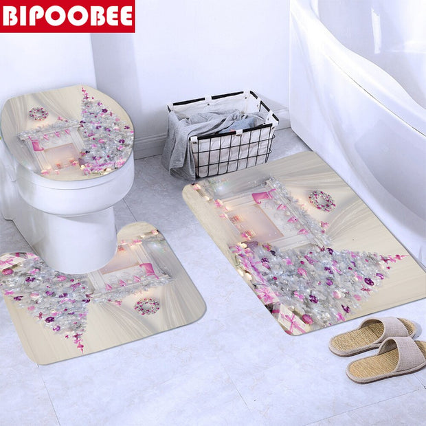 Merry Christmas Bathroom Set Snowman Santa Claus Elk Pattern Waterproof Shower Curtain Toilet Cover Mat Non Slip Rug Home Decor - Synoptic Home Essentials