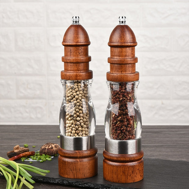 Wooden Salt and Pepper Grinder Set - Wood and Acrylic Mills, Adjustable Coarseness Ceramic Grinder - Synoptic Home Essentials