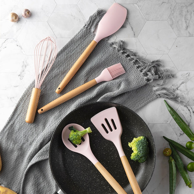 Pink Cooking Kitchenware Tool Silicone Utensils With Wooden Multifunction Handle Non-Stick Spatula Ladle Egg Beaters Shovel - Synoptic Home Essentials