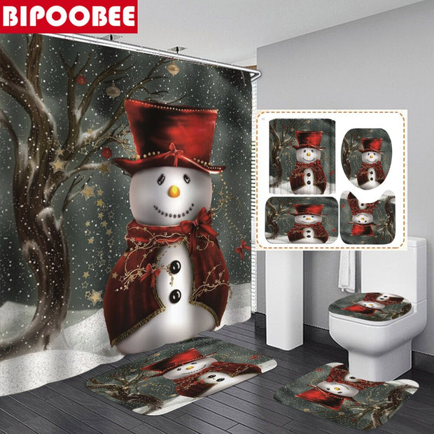 Merry Christmas Bathroom Set Snowman Santa Claus Elk Pattern Waterproof Shower Curtain Toilet Cover Mat Non Slip Rug Home Decor - Synoptic Home Essentials