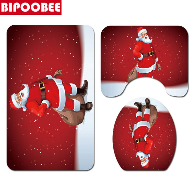 Merry Christmas Bathroom Set Snowman Santa Claus Elk Pattern Waterproof Shower Curtain Toilet Cover Mat Non Slip Rug Home Decor - Synoptic Home Essentials