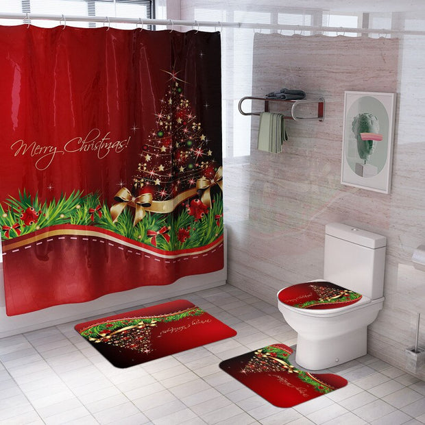 Merry Christmas Bathroom Set Snowman Santa Claus Elk Pattern Waterproof Shower Curtain Toilet Cover Mat Non Slip Rug Home Decor - Synoptic Home Essentials