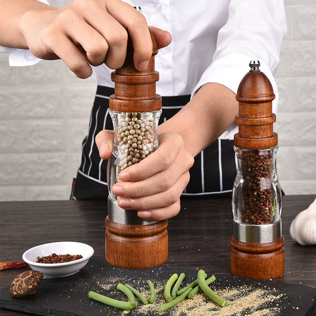 Wooden Salt and Pepper Grinder Set - Wood and Acrylic Mills, Adjustable Coarseness Ceramic Grinder - Synoptic Home Essentials