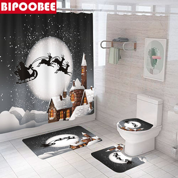 Merry Christmas Bathroom Set Snowman Santa Claus Elk Pattern Waterproof Shower Curtain Toilet Cover Mat Non Slip Rug Home Decor - Synoptic Home Essentials