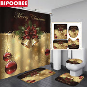 Merry Christmas Bathroom Set Snowman Santa Claus Elk Pattern Waterproof Shower Curtain Toilet Cover Mat Non Slip Rug Home Decor - Synoptic Home Essentials