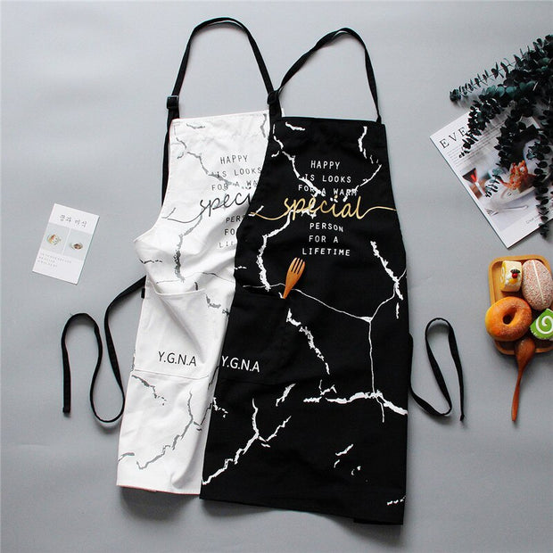 INS Nordic Cotton Apron Black White Marble Cooking Aprons for Men Women With Big Pocket Bib Overalls Kitchen Baking Accessories - Synoptic Home Essentials